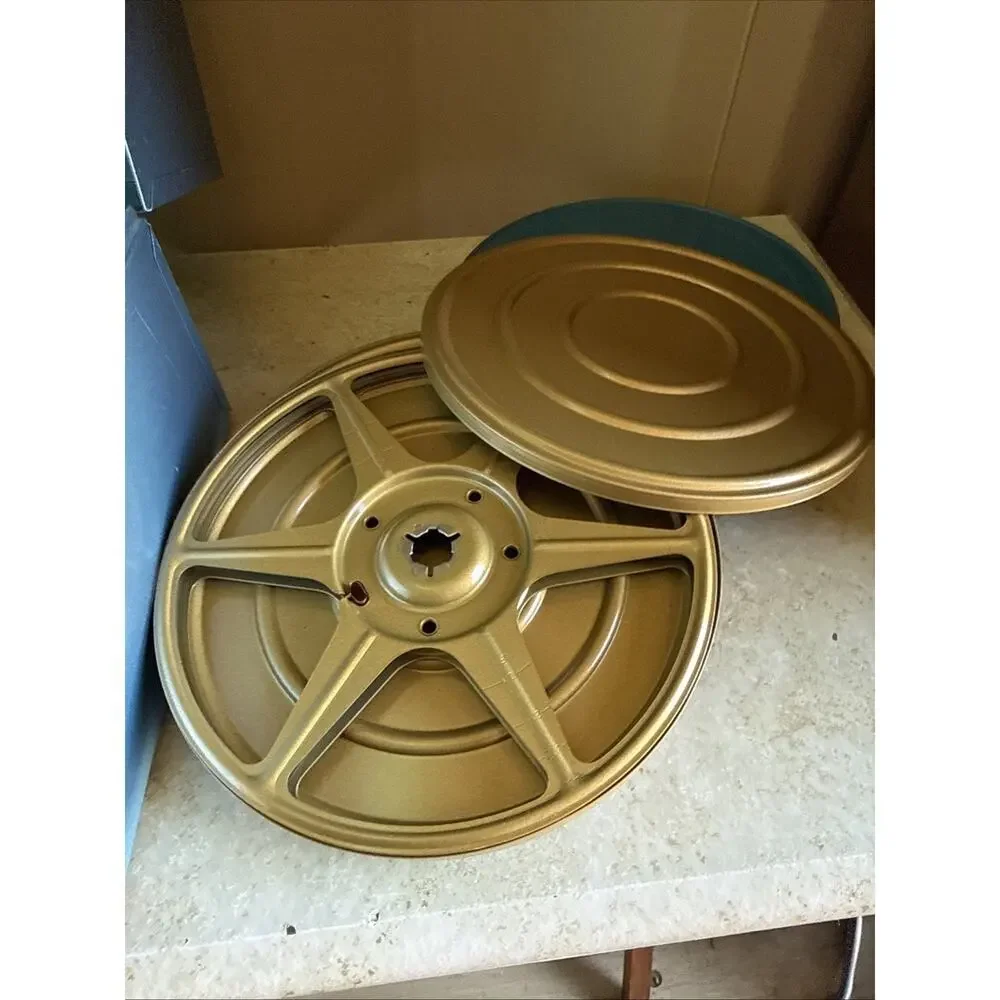 Vintage Compco Film Carrying Case with Reels and Tins Blue & Gold 7.875x7.5x4.4”
